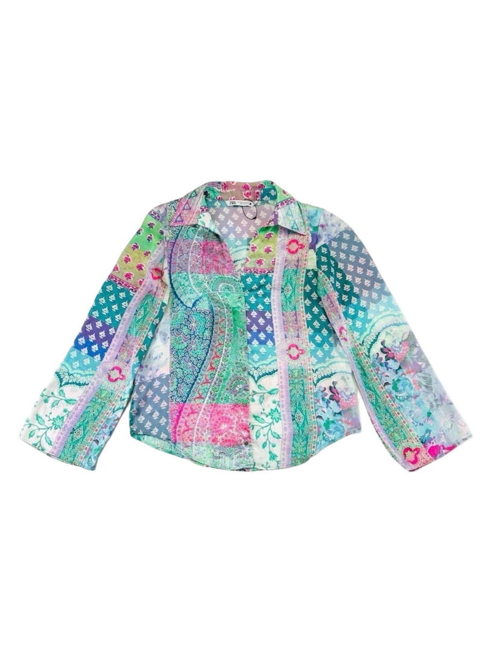Zara bright patchwork blouse XS Oversize pink turquoise print button up Bohemian